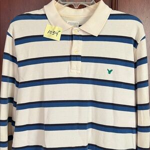 American Eagle Outfitters Cream and Blue Striped Polo